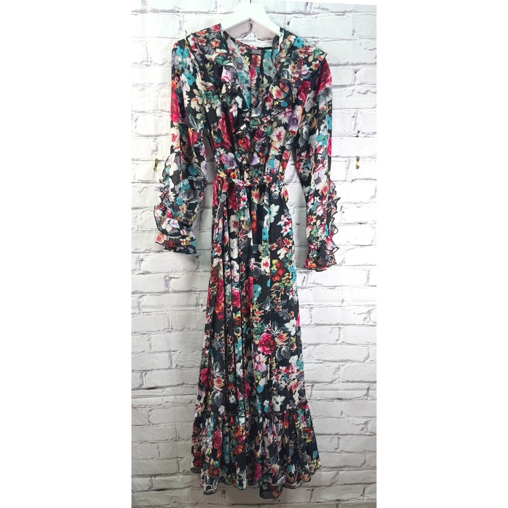 Spy Zone Exchange Floral Maxi Dress Womens S Black Ruffle Slit Boho Cottagecore